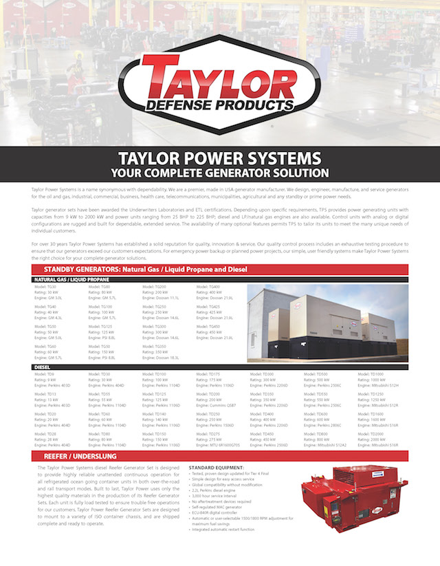 Generators available through Taylor Defense Products